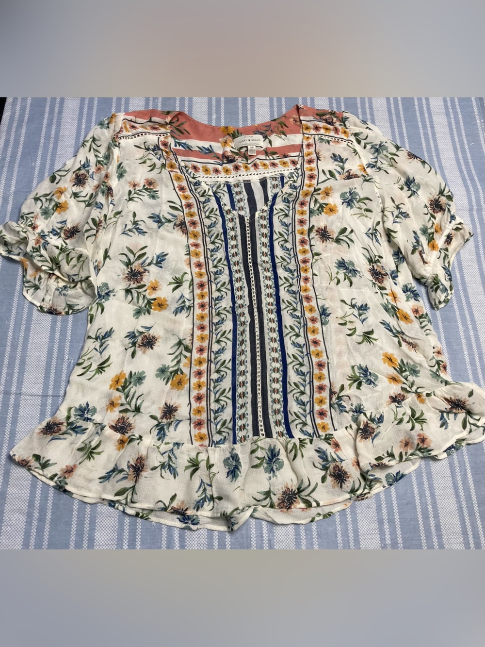 Lucky Brand sheer floral boho top.